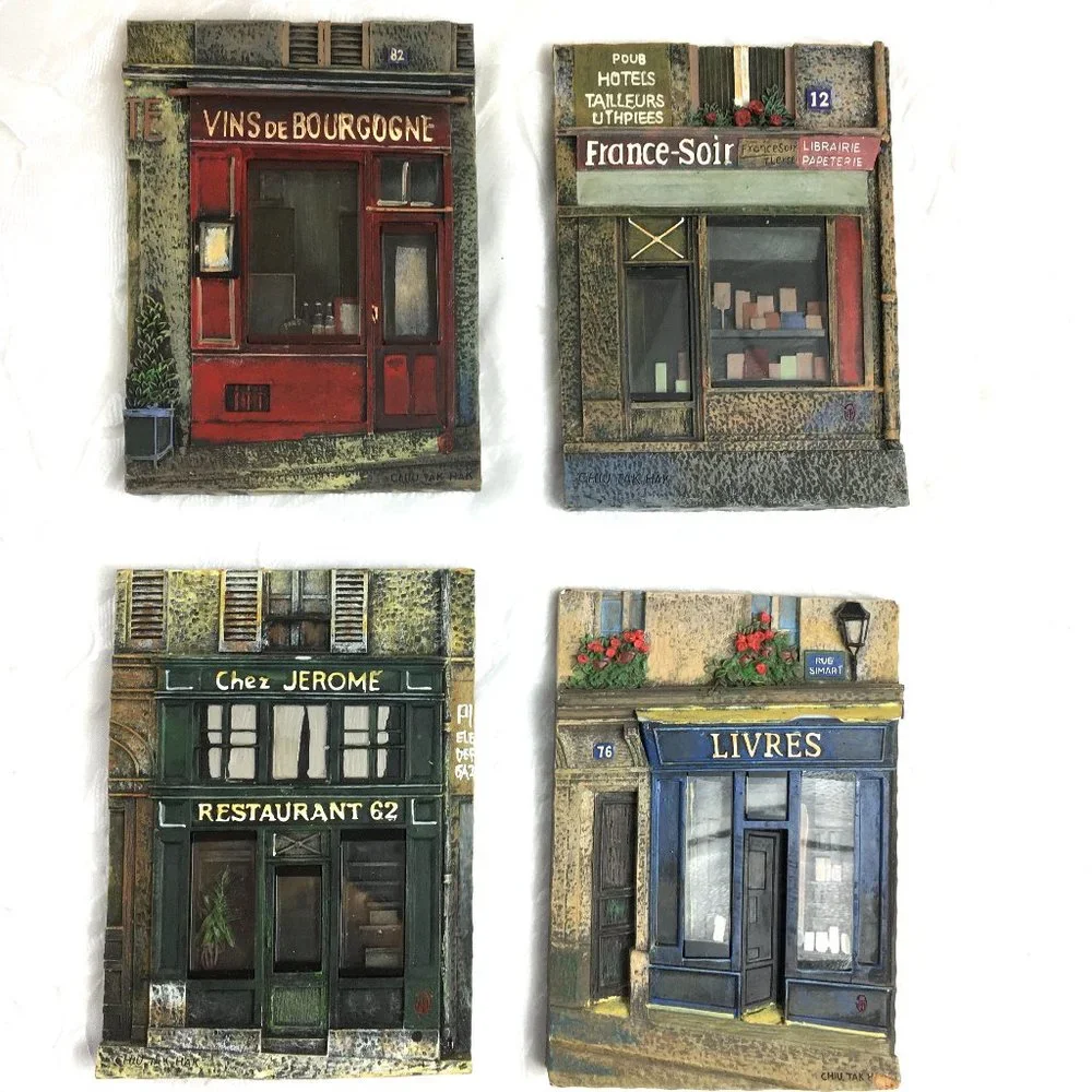 * French Market Wall Set of Four Plaques Chiu Tak Hak Paris Store Front Vtg
